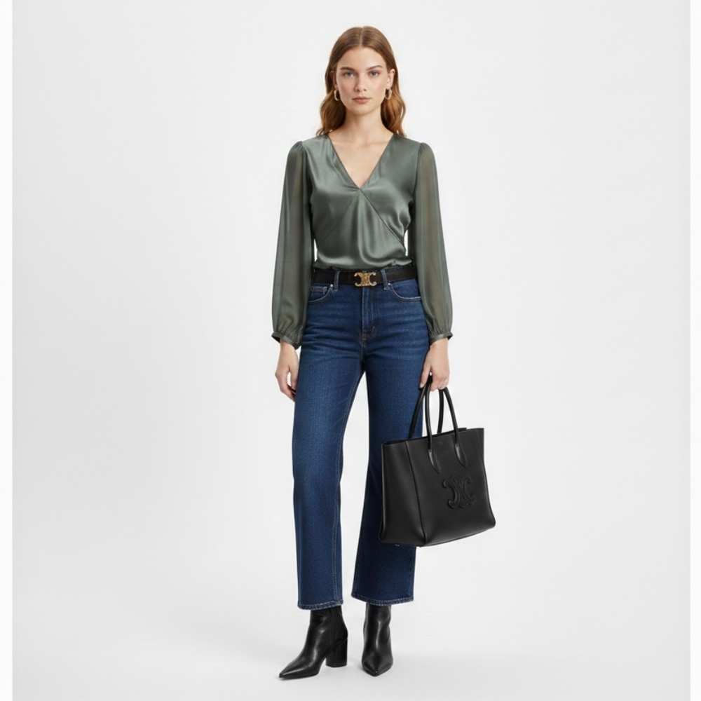 Ginia RTW 100% Silk V-Neck Long Sleeve Top